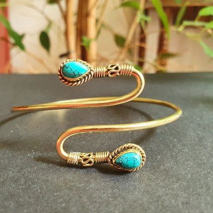 Spiral Boho Bracelet / Bangle / Turquoise / Brass / Arm Bracelet / Ethnic / Rustic / Bohemian / Hippie / Gypsy / Psy / Birthstone