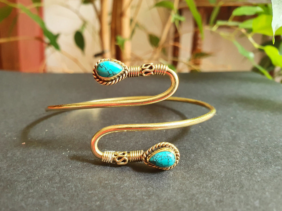 Spiral Boho Bracelet / Bangle / Turquoise / Brass / Arm Bracelet / Ethnic / Rustic / Bohemian / Hippie / Gypsy / Psy / Birthstone