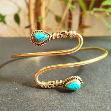 Spiral Boho Bracelet / Bangle / Turquoise / Brass / Arm Bracelet / Ethnic / Rustic / Bohemian / Hippie / Gypsy / Psy / Birthstone