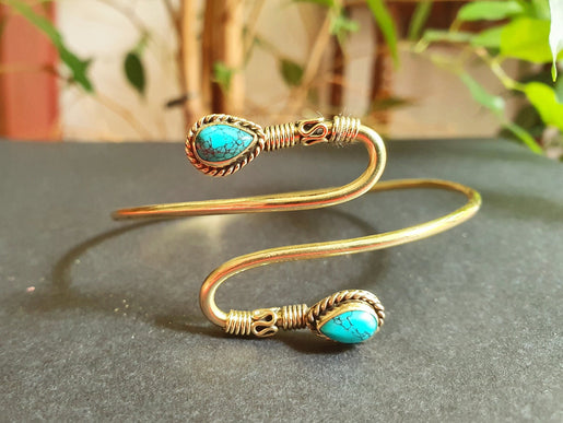 Spiral Boho Bracelet / Bangle / Turquoise / Brass / Arm Bracelet / Ethnic / Rustic / Bohemian / Hippie / Gypsy / Psy / Birthstone