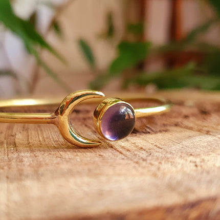 Moon Bracelet / Brass & Amethyst / Bangle / Galaxy / Solar System / Planets / Boho / Adjustable / Hippie / Chic / Sun