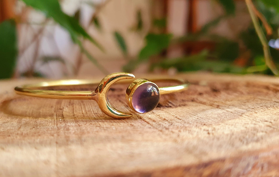 Moon Bracelet / Brass & Amethyst / Bangle / Galaxy / Solar System / Planets / Boho / Adjustable / Hippie / Chic / Sun