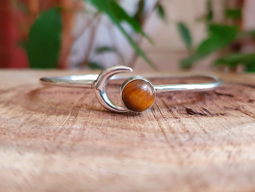 Moon Bracelet / Silver & Tiger Eye / Bangle / Galaxy / Solar System / Planets / Boho / Adjustable / Hippie / Chic / Sun