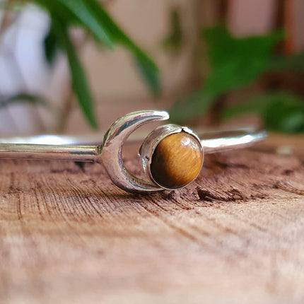 Moon Bracelet / Silver & Tiger Eye / Bangle / Galaxy / Solar System / Planets / Boho / Adjustable / Hippie / Chic / Sun