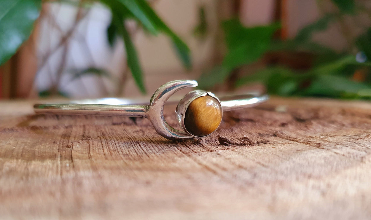 Moon Bracelet / Silver & Tiger Eye / Bangle / Galaxy / Solar System / Planets / Boho / Adjustable / Hippie / Chic / Sun