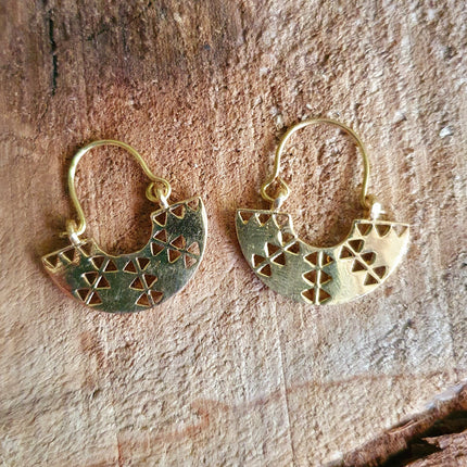 Mini Aztec Inca Style Brass Earrings; Ethnic, Geometric, rustic, yoga, hippie, gypsy, pretty, psy, boho, bohemian, festival