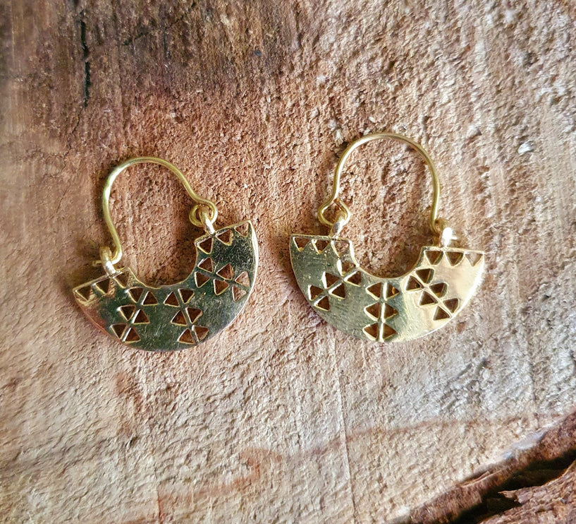 Mini Aztec Inca Style Brass Earrings; Ethnic, Geometric, rustic, yoga, hippie, gypsy, pretty, psy, boho, bohemian, festival