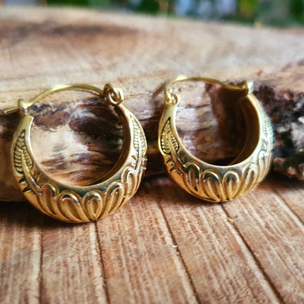 Tribal Chunky Brass Hoops; Ethnic Boho Chic Rustic Psy Gypsy Spiral Hippie Bohemian Festival style