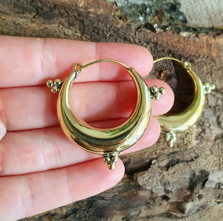 Chunky Ethnic Brass Hoops; Ethnic Boho Chic Rustic Psy Gypsy Spiral Hippie Bohemian Festival style