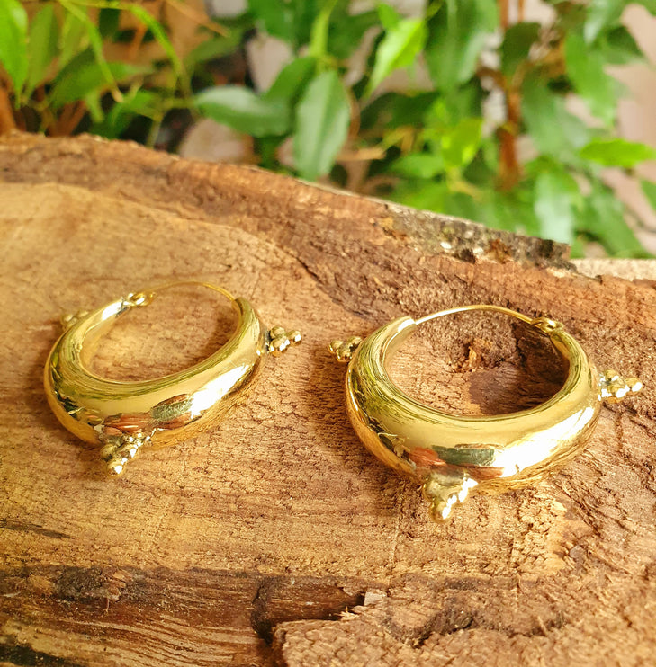 Chunky Ethnic Brass Hoops; Ethnic Boho Chic Rustic Psy Gypsy Spiral Hippie Bohemian Festival style