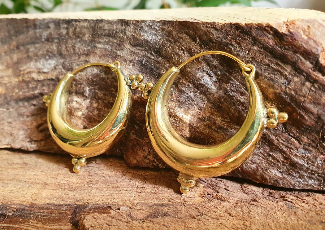 Chunky Ethnic Brass Hoops; Ethnic Boho Chic Rustic Psy Gypsy Spiral Hippie Bohemian Festival style