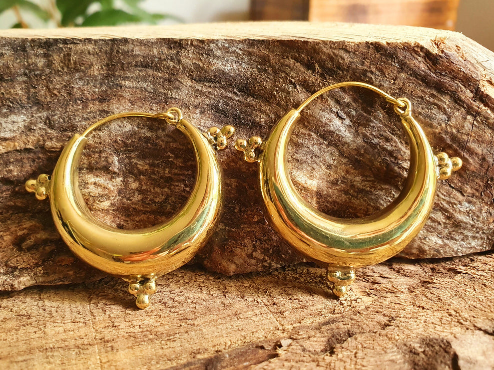 Chunky Ethnic Brass Hoops; Ethnic Boho Chic Rustic Psy Gypsy Spiral Hippie Bohemian Festival style