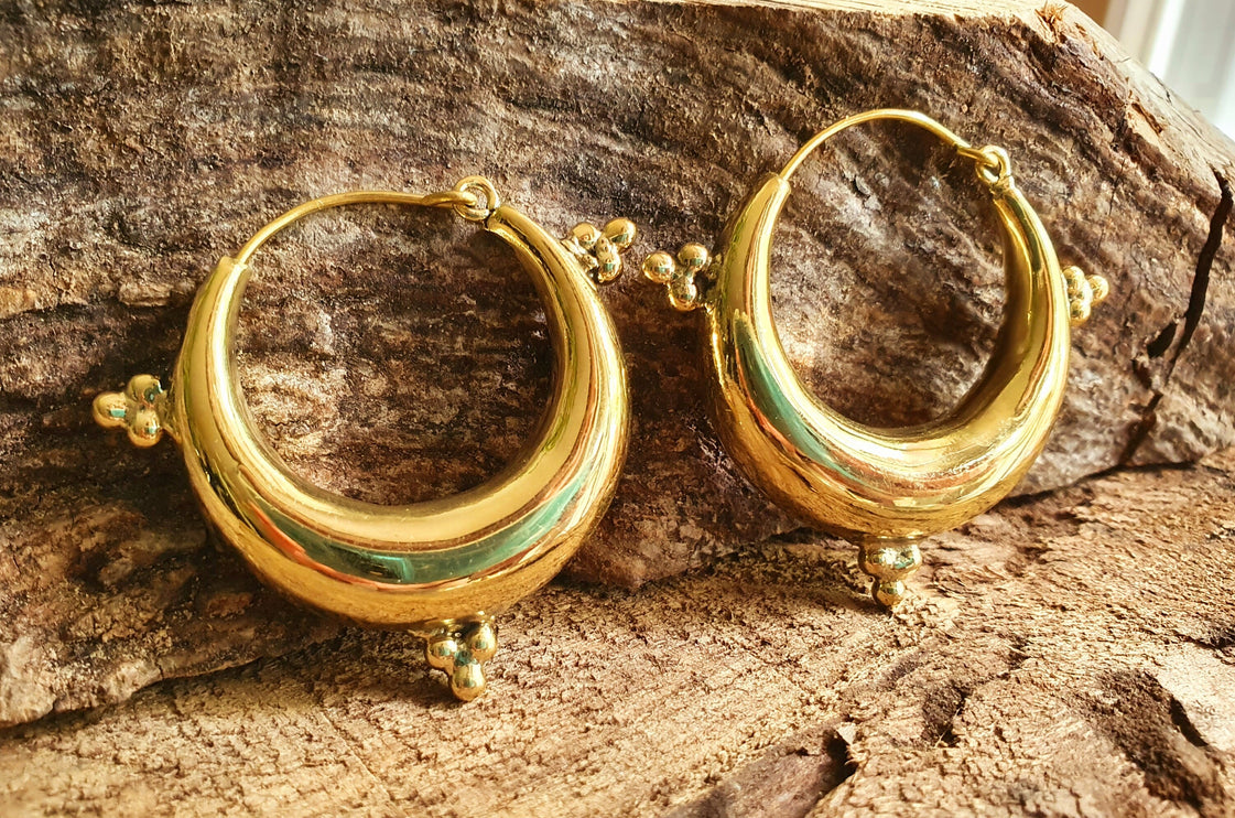 Chunky Ethnic Brass Hoops; Ethnic Boho Chic Rustic Psy Gypsy Spiral Hippie Bohemian Festival style