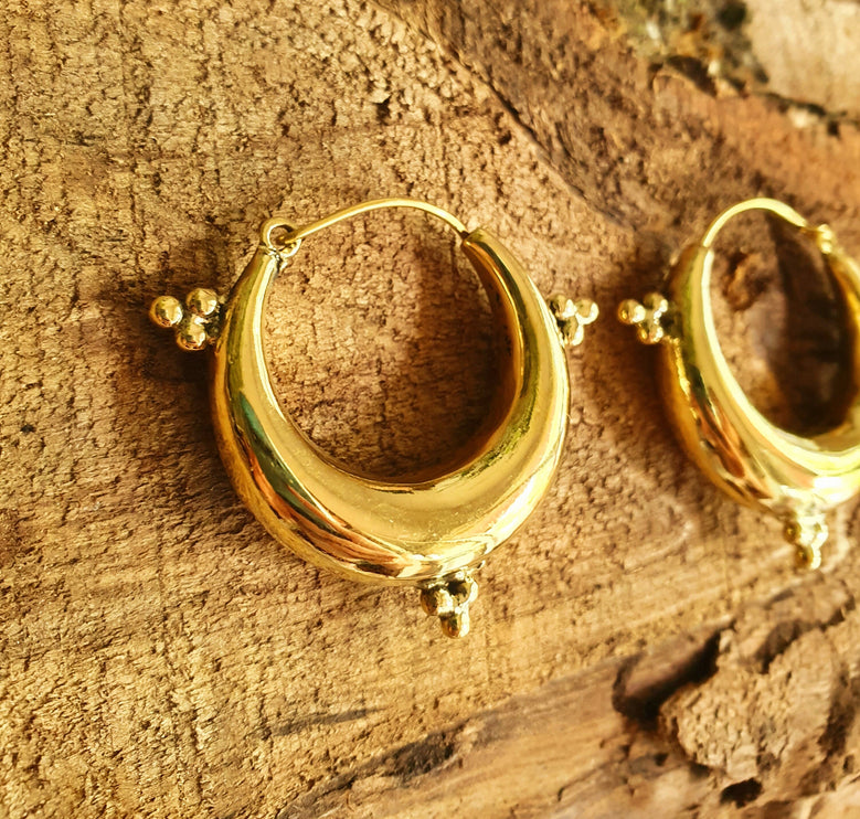 Chunky Ethnic Brass Hoops; Ethnic Boho Chic Rustic Psy Gypsy Spiral Hippie Bohemian Festival style