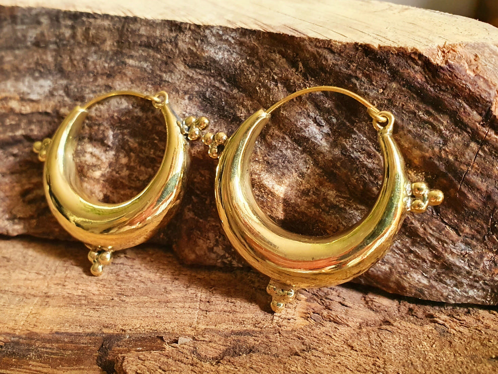 Chunky Ethnic Brass Hoops; Ethnic Boho Chic Rustic Psy Gypsy Spiral Hippie Bohemian Festival style