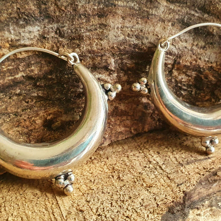 Chunky Ethnic Silver Hoops; Ethnic Boho Chic Rustic Psy Gypsy Spiral Hippie Bohemian Festival style