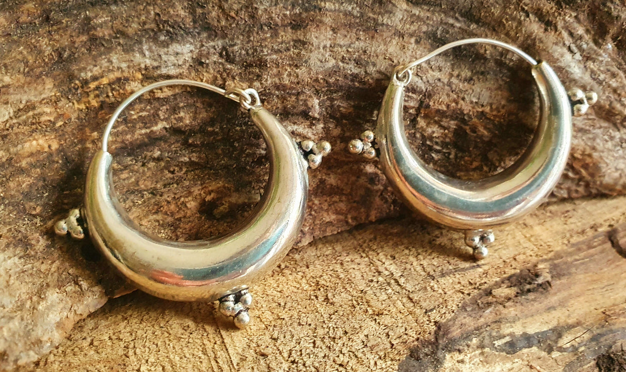 Chunky Ethnic Silver Hoops; Ethnic Boho Chic Rustic Psy Gypsy Spiral Hippie Bohemian Festival style