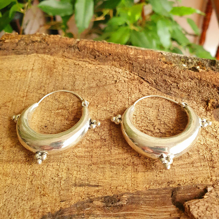 Chunky Ethnic Silver Hoops; Ethnic Boho Chic Rustic Psy Gypsy Spiral Hippie Bohemian Festival style