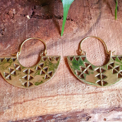 Aztec Inca Style Brass Earrings; Ethnic, Geometric, rustic, yoga, hippie, gypsy, pretty, psy, boho, bohemian, festival