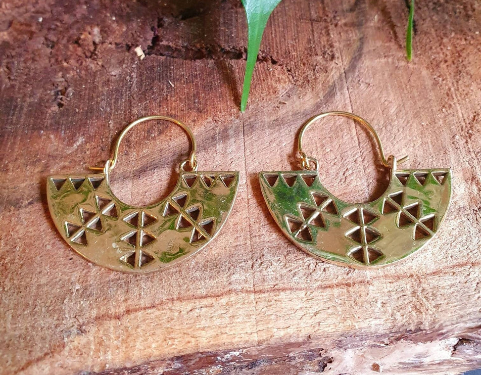 Aztec Inca Style Brass Earrings; Ethnic, Geometric, rustic, yoga, hippie, gypsy, pretty, psy, boho, bohemian, festival