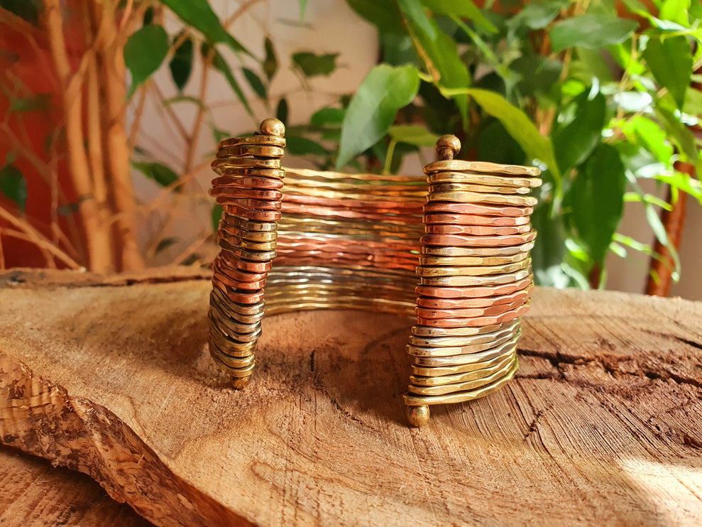 Textured Brass Cuff Bracelet / Mixed Metals Brass Copper Silver / Boho / Ethnic / Rustic / Bohemian / Hippie / Gypsy / Jewellery