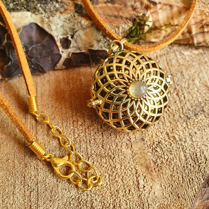 Gold Bola Necklace Brass & Labradorite / Pregnancy / Harmony Ball / Chimes / Vegan / Ethnic / Boho / Hippie / Rustic / Hypoallergenic