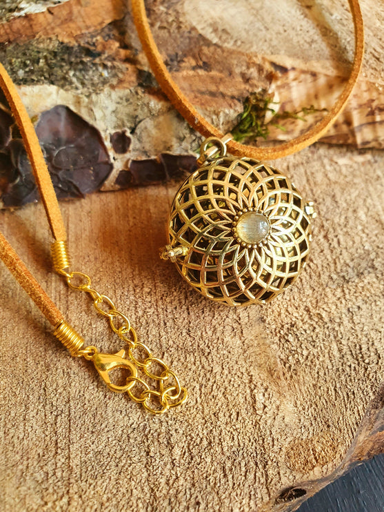 Gold Bola Necklace Brass & Labradorite / Pregnancy / Harmony Ball / Chimes / Vegan / Ethnic / Boho / Hippie / Rustic / Hypoallergenic