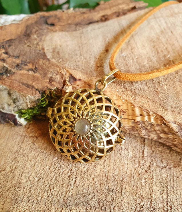 Gold Bola Necklace Brass & Labradorite / Pregnancy / Harmony Ball / Chimes / Vegan / Ethnic / Boho / Hippie / Rustic / Hypoallergenic