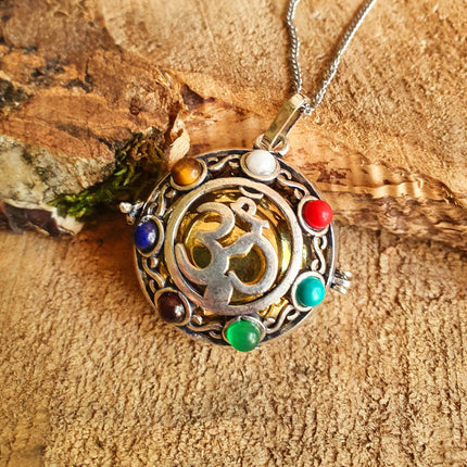 Bola Necklace 'Ohm Shanti' Silver & 7 Stones Chakras / Pregnancy / Harmony Ball / Chimes / Bell / Vegan / Ethnic / Boho / Tribal / Rustic