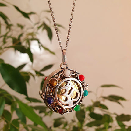 Bola Necklace 'Ohm Shanti' Silver & 7 Stones Chakras / Pregnancy / Harmony Ball / Chimes / Bell / Vegan / Ethnic / Boho / Tribal / Rustic