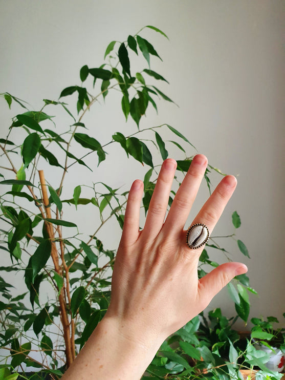 Cowrie Shell Brass Ring / Bohemian / Ethnic / Psy / Rustic / Tribal / Gypsy / Festival / Healing / Festival