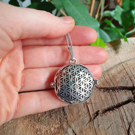 Bola Necklace Silver Flower of Life / Pregnancy / Harmony Ball / Chimes / Bell / Vegan / Ethnic / Boho / Tribal / Rustic / Hypoallergenic