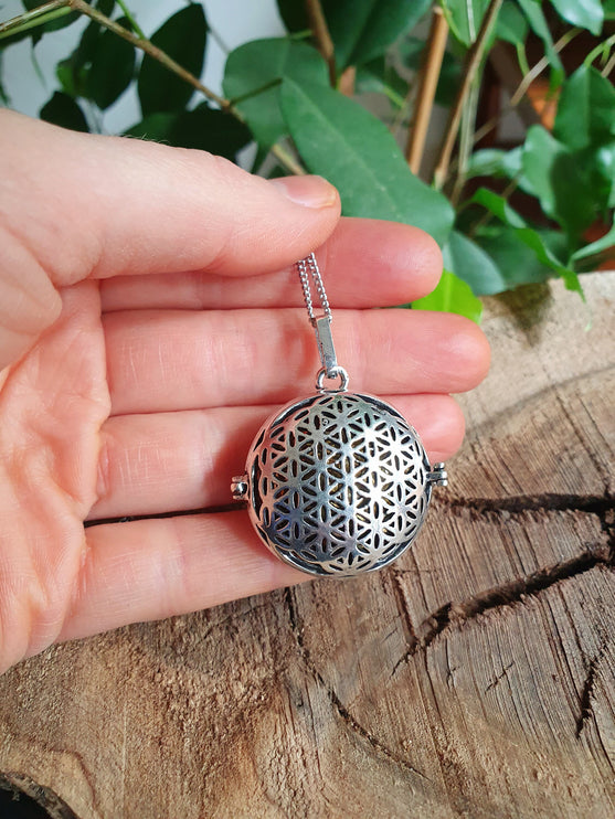 Bola Necklace Silver Flower of Life / Pregnancy / Harmony Ball / Chimes / Bell / Vegan / Ethnic / Boho / Tribal / Rustic / Hypoallergenic