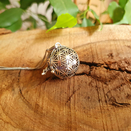 Bola Necklace Silver Flower of Life / Pregnancy / Harmony Ball / Chimes / Bell / Vegan / Ethnic / Boho / Tribal / Rustic / Hypoallergenic