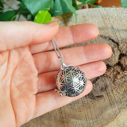 Bola Necklace Silver Flower of Life / Pregnancy / Harmony Ball / Chimes / Bell / Vegan / Ethnic / Boho / Tribal / Rustic / Hypoallergenic