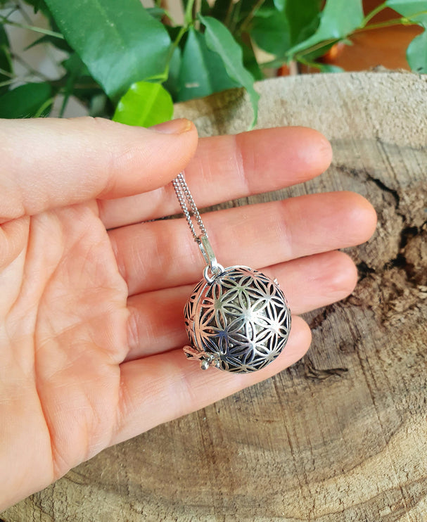 Bola Necklace Silver Flower of Life / Pregnancy / Harmony Ball / Chimes / Bell / Vegan / Ethnic / Boho / Tribal / Rustic / Hypoallergenic