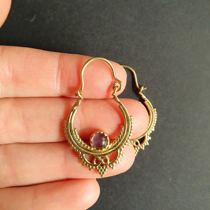 Small Boho Hoops Amethyst Brass Earrings / Triangle / Mandala / Ethnic / Rustic / Yoga / Hippie / Gypsy / Psy / Bohemian / Festival