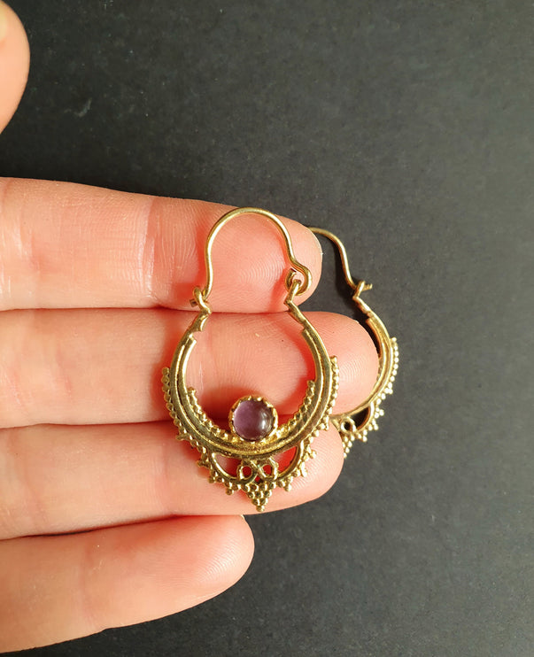 Small Boho Hoops Amethyst Brass Earrings / Triangle / Mandala / Ethnic / Rustic / Yoga / Hippie / Gypsy / Psy / Bohemian / Festival