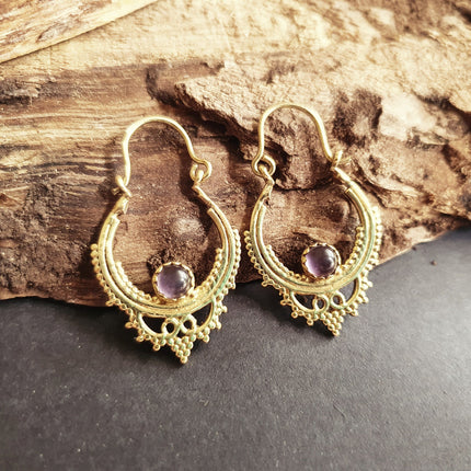 Small Boho Hoops Amethyst Brass Earrings / Triangle / Mandala / Ethnic / Rustic / Yoga / Hippie / Gypsy / Psy / Bohemian / Festival