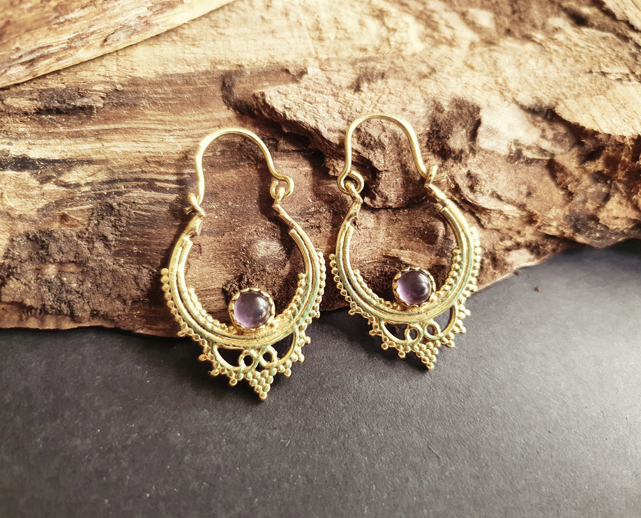 Small Boho Hoops Amethyst Brass Earrings / Triangle / Mandala / Ethnic / Rustic / Yoga / Hippie / Gypsy / Psy / Bohemian / Festival