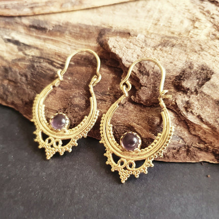 Small Boho Hoops Amethyst Brass Earrings / Triangle / Mandala / Ethnic / Rustic / Yoga / Hippie / Gypsy / Psy / Bohemian / Festival