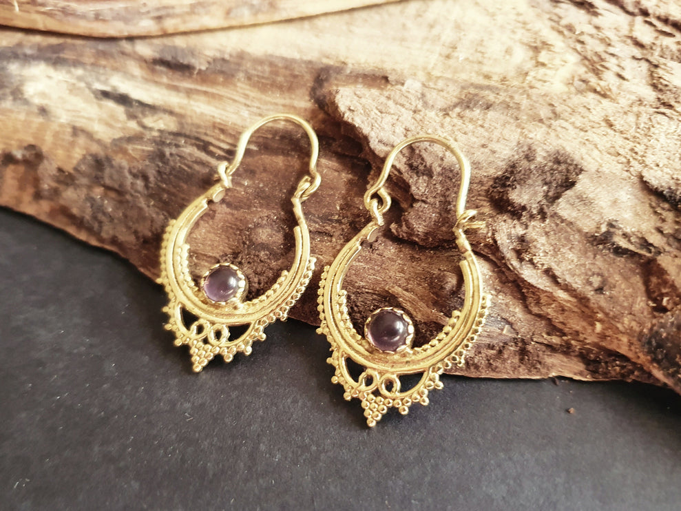 Small Boho Hoops Amethyst Brass Earrings / Triangle / Mandala / Ethnic / Rustic / Yoga / Hippie / Gypsy / Psy / Bohemian / Festival