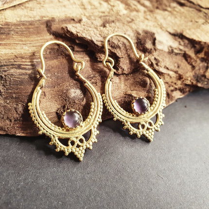 Small Boho Hoops Amethyst Brass Earrings / Triangle / Mandala / Ethnic / Rustic / Yoga / Hippie / Gypsy / Psy / Bohemian / Festival