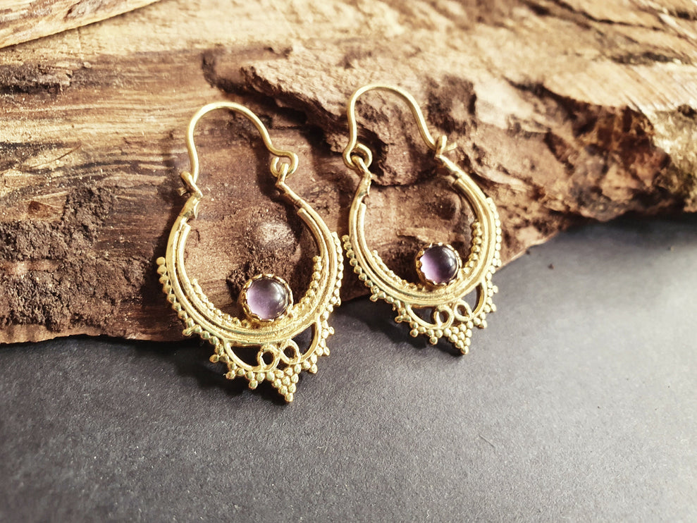 Small Boho Hoops Amethyst Brass Earrings / Triangle / Mandala / Ethnic / Rustic / Yoga / Hippie / Gypsy / Psy / Bohemian / Festival