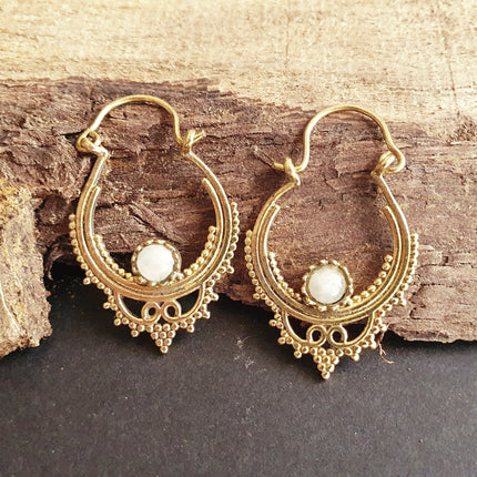 Mini Boho Hoops Moonstone Brass Earrings / Triangle / Mandala / Ethnic / Rustic / Yoga / Hippie / Gypsy / Psy / Bohemian / Festival