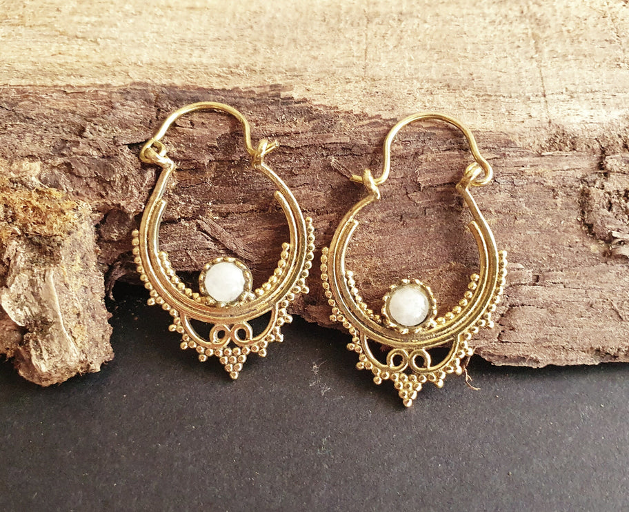 Mini Boho Hoops Moonstone Brass Earrings / Triangle / Mandala / Ethnic / Rustic / Yoga / Hippie / Gypsy / Psy / Bohemian / Festival