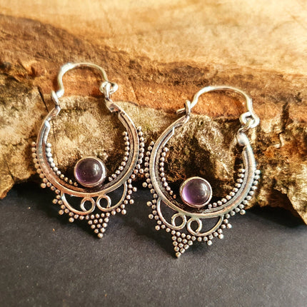 Mini Boho Hoops Amethyst Silver Earrings / Triangle / Mandala / Ethnic / Rustic / Yoga / Hippie / Gypsy / Psy / Bohemian / Festival