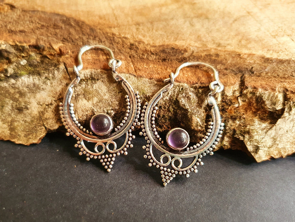 Mini Boho Hoops Amethyst Silver Earrings / Triangle / Mandala / Ethnic / Rustic / Yoga / Hippie / Gypsy / Psy / Bohemian / Festival