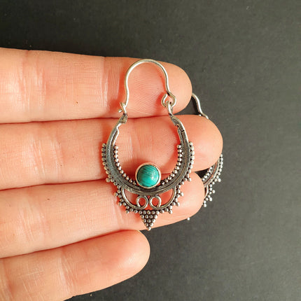 Mini Boho Hoops Turquoise Silver Earrings / Triangle / Mandala / Ethnic / Rustic / Yoga / Hippie / Gypsy / Psy / Bohemian / Festival