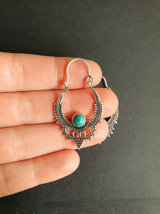 Mini Boho Hoops Turquoise Silver Earrings / Triangle / Mandala / Ethnic / Rustic / Yoga / Hippie / Gypsy / Psy / Bohemian / Festival